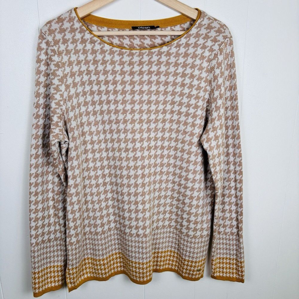 Olsen Houndstooth Women's Tunic Sweater Women's Medium Made‎ Germany Tan Gold